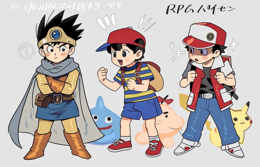 pikachu, red, slime, ness, roto, and 2 more (pokemon and 5 more) drawn by miyage_no_nukegara