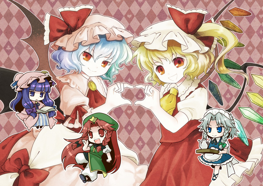 remilia scarlet, flandre scarlet, izayoi sakuya, patchouli knowledge, and hong meiling (touhou) drawn by socha