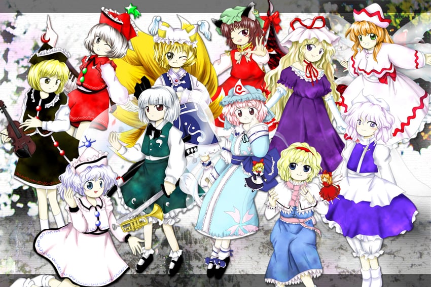 konpaku youmu, alice margatroid, yakumo yukari, saigyouji yuyuko, yakumo ran, and 8 more (touhou and 1 more) drawn by medinki