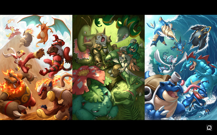 charizard, venusaur, greninja, primarina, blaziken, and 16 more (pokemon and 7 more) drawn by kuroi-tsuki