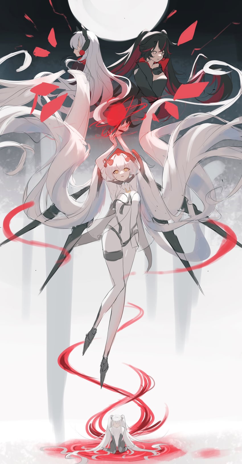 lucia, alpha, lucia: plume, alpha: crimson abyss, luna: laurel, and 1 more (punishing: gray raven) drawn by rain_marginals_(rainymi)