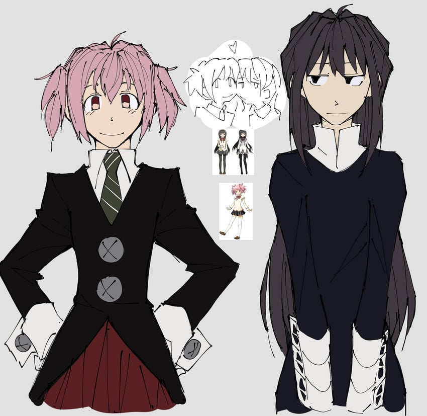 akemi homura, kaname madoka, maka albarn, and crona (mahou shoujo madoka magica and 1 more) drawn by kaligraphy