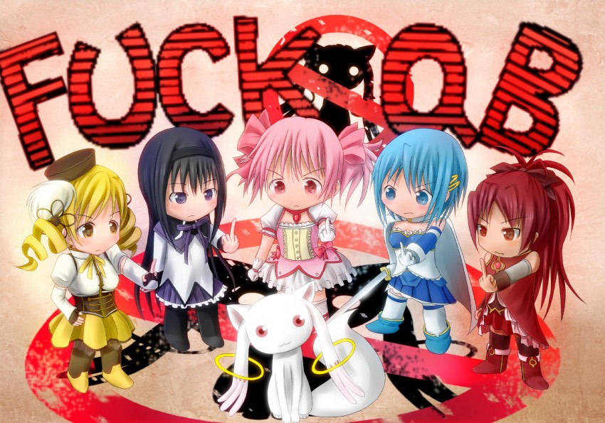 akemi homura, kaname madoka, miki sayaka, sakura kyoko, tomoe mami, and 1 more (mahou shoujo madoka magica) drawn by ren_(nyanyo)