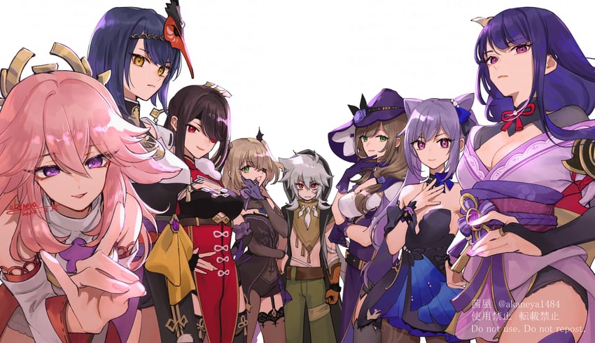raiden shogun, yae miko, keqing, fischl, lisa, and 3 more (genshin impact) drawn by ojo_aa