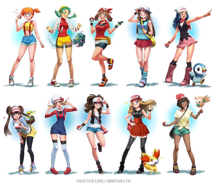 dawn, may, rosa, hilda, serena, and 10 more (pokemon and 9 more) drawn by mleth