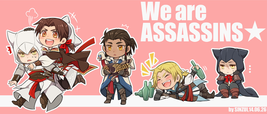 ezio auditore da firenze, altair ibn la-ahad, connor kenway, arno dorian, and edward kenway (assassin's creed ii and 4 more) drawn by shinzui_(fantasysky7)