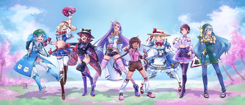 alice margatroid, kawashiro nitori, usami sumireko, haniyasushin keiki, tsukumo yatsuhashi, and 3 more (touhou) drawn by david_hrusa