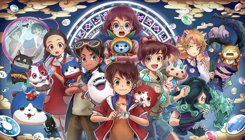 jibanyan, komasan, whisper, amano keita, kodama fumika, and 17 more (youkai watch and 2 more) drawn by momozono_rilulu