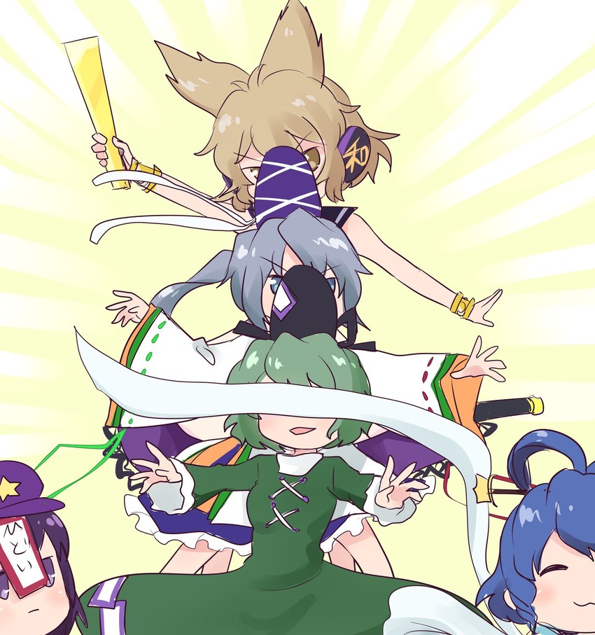 toyosatomimi no miko, mononobe no futo, kaku seiga, miyako yoshika, and soga no tojiko (touhou) drawn by madanai_(morisumeshi)