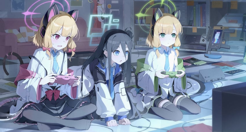 aris, momoi, midori, yuzu, and nyan cat (blue archive and 1 more) drawn by muina