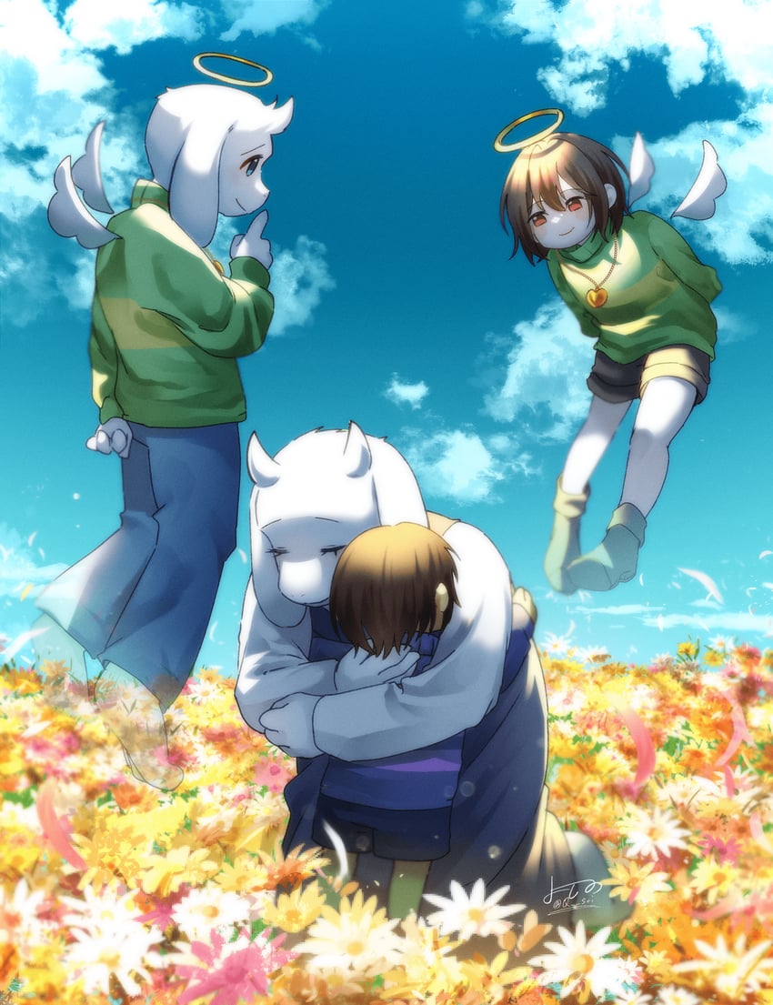 frisk, chara, toriel, and asriel dreemurr (undertale) drawn by yoshino_(q_sci)