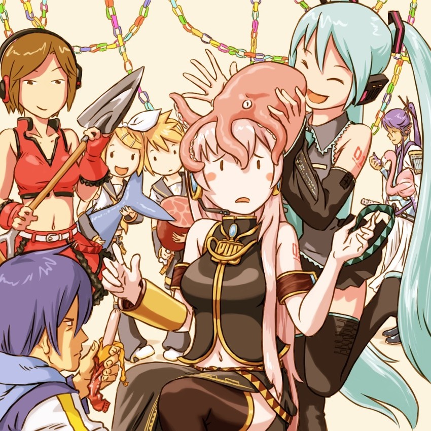 hatsune miku, kagamine rin, kagamine len, megurine luka, kaito, and 3 more (vocaloid) drawn by peajon