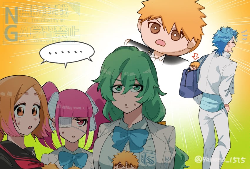 inoue orihime, kurosaki ichigo, nelliel tu odelschwanck, grimmjow jaegerjaquez, and dokugamine riruka (bleach) drawn by yanono_015