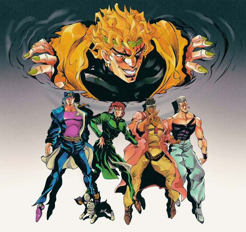 kujo jotaro, dio brando, kakyoin noriaki, jean pierre polnareff, mohammed avdol, and 1 more (jojo no kimyou na bouken and 1 more) drawn by ark_nemesis