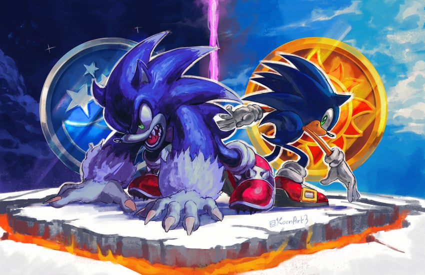 sonic the hedgehog and sonic the werehog (sonic and 1 more) drawn by kornart