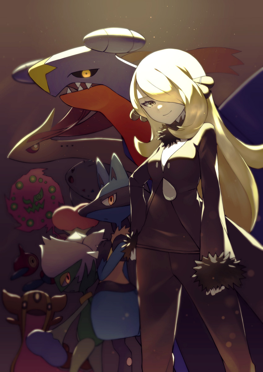 cynthia, lucario, garchomp, milotic, roserade, and 3 more (pokemon and 1 more) drawn by rindoriko