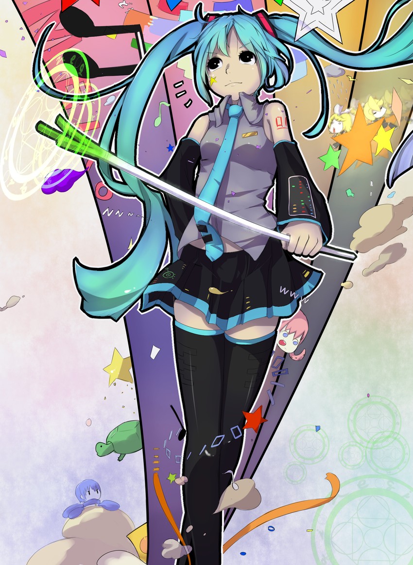 hatsune miku, kagamine len, megurine luka, kaito, and takoluka (vocaloid) drawn by iki_(akunetube)