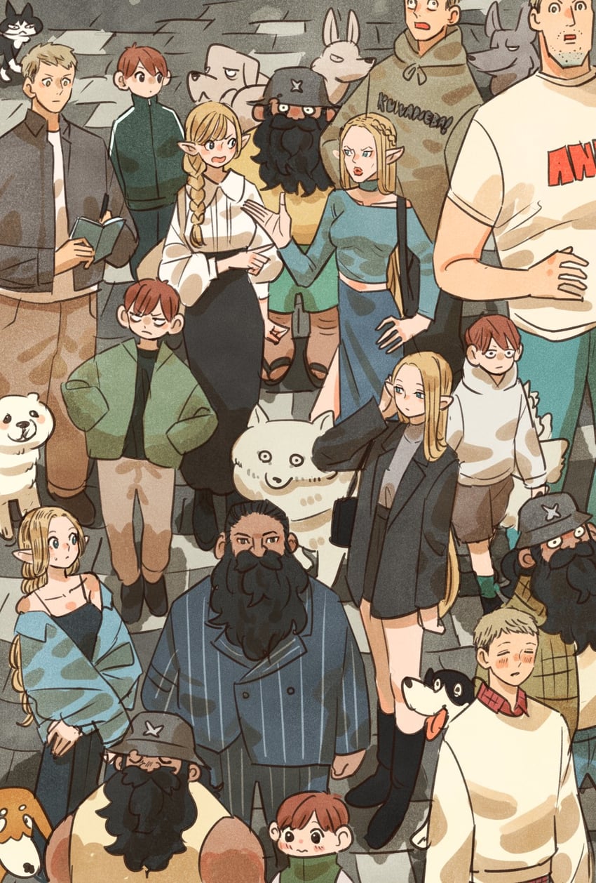 marcille donato, laios touden, senshi, chilchuck tims, izutsumi, and 5 more (dungeon meshi) drawn by takeuchi_ryousuke