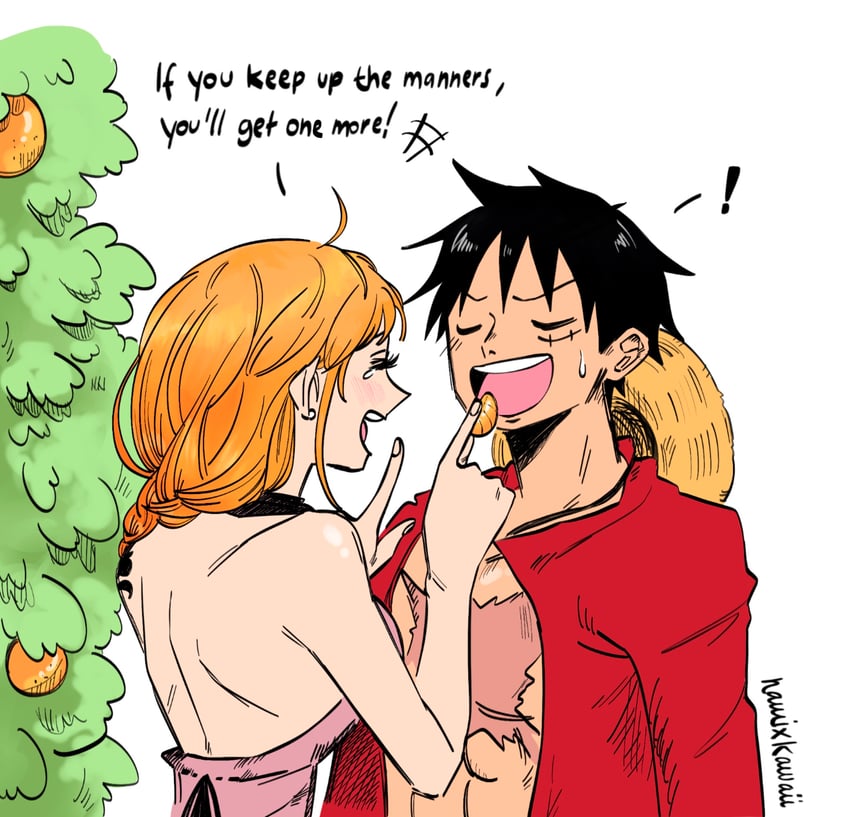 nami and monkey d. luffy (one piece) drawn by namixkawaii