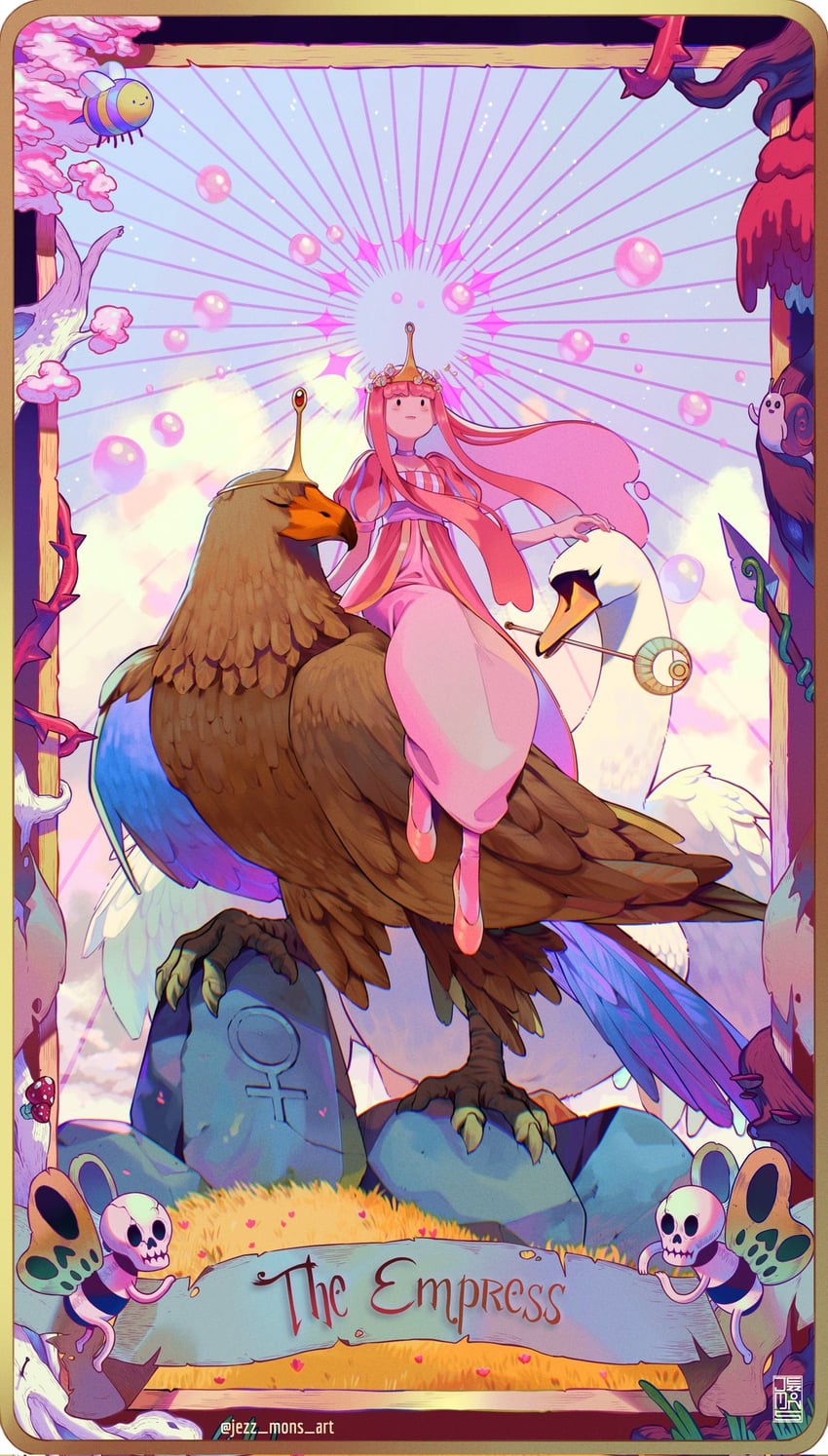 princess bonnibel bubblegum, snail, skeleton butterfly, the morrow, and swan (adventure time) drawn by jezz_mons_art
