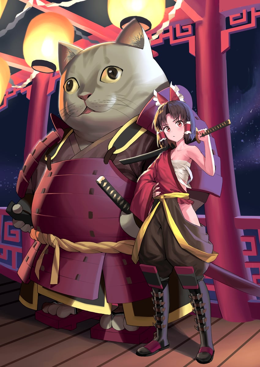 hakurei reimu, benikurage, and miura cat (touhou and 2 more) drawn by nekokatana_catana
