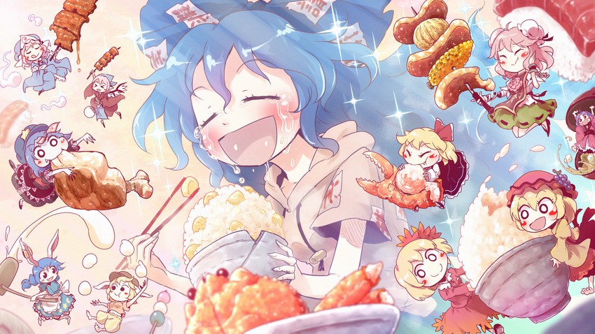 saigyouji yuyuko, rumia, mystia lorelei, ibaraki kasen, miyako yoshika, and 7 more (touhou) drawn by joyfull_(terrace)