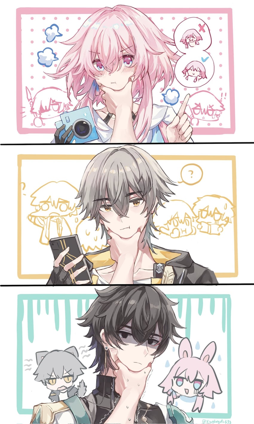 trailblazer, march 7th, caelus, and dan heng (honkai and 1 more) drawn by fuyu_(xiaodongd2333)
