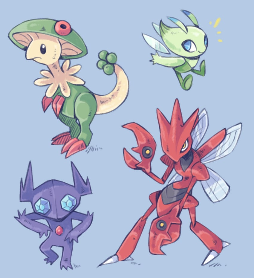 celebi, scizor, sableye, and breloom (pokemon) drawn by graskip