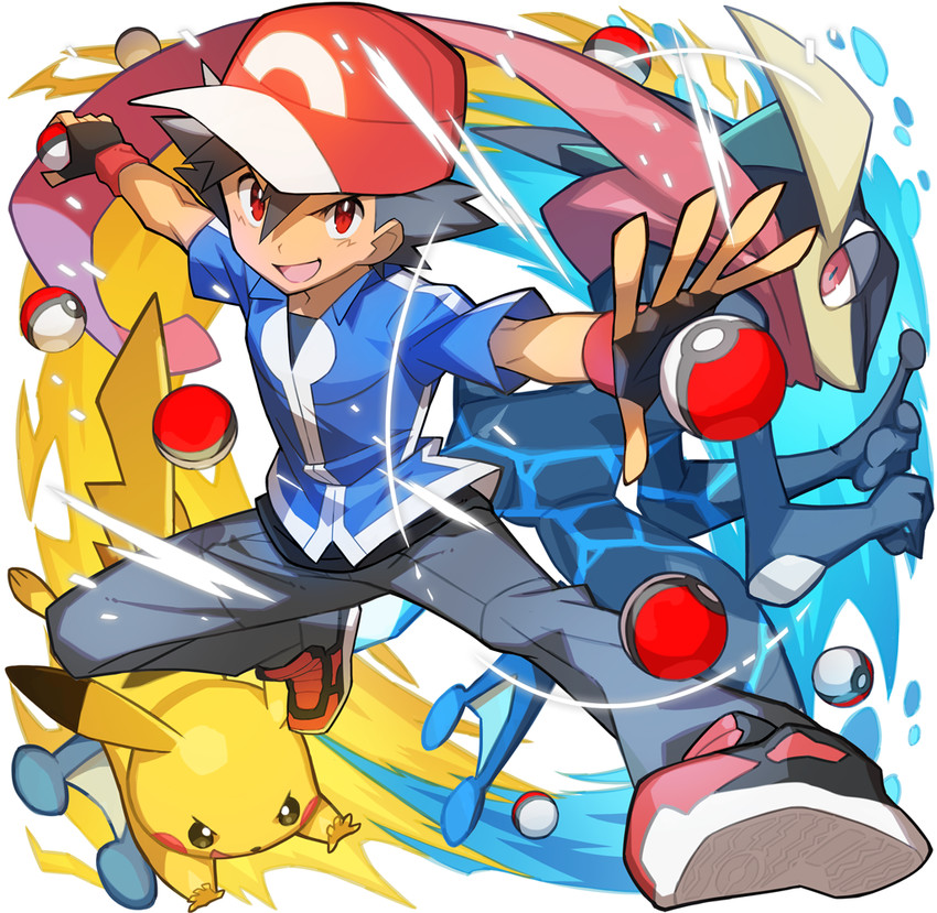 pikachu, ash ketchum, and greninja (pokemon) drawn by saitou_naoki