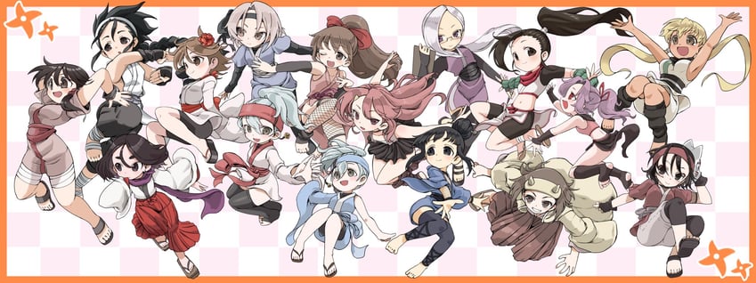 tsubaki, mokuren, sazanka, benisumomo, hinagiku, and 11 more (kunoichi tsubaki no mune no uchi) drawn by kobawan_dam