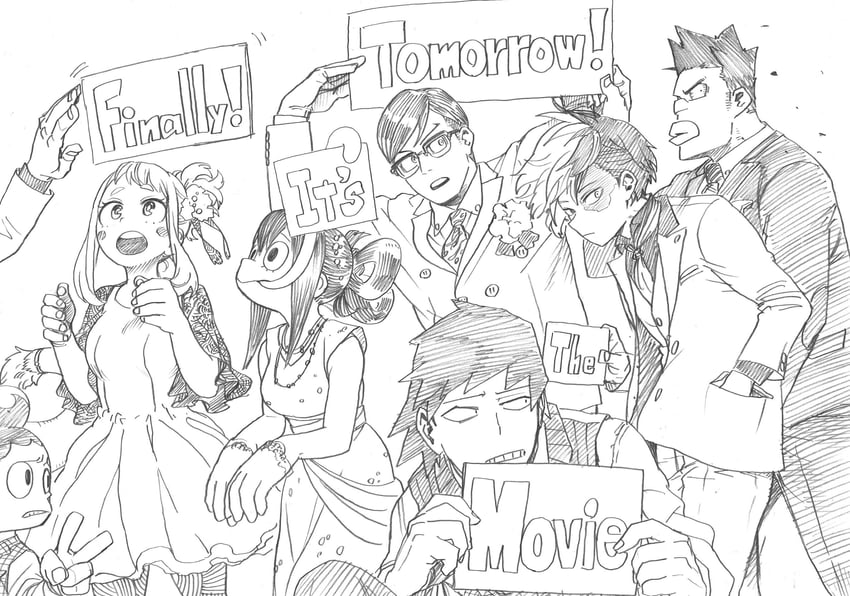 midoriya izuku, uraraka ochaco, bakugou katsuki, todoroki shoto, asui tsuyu, and 4 more (boku no hero academia) drawn by horikoshi_kouhei