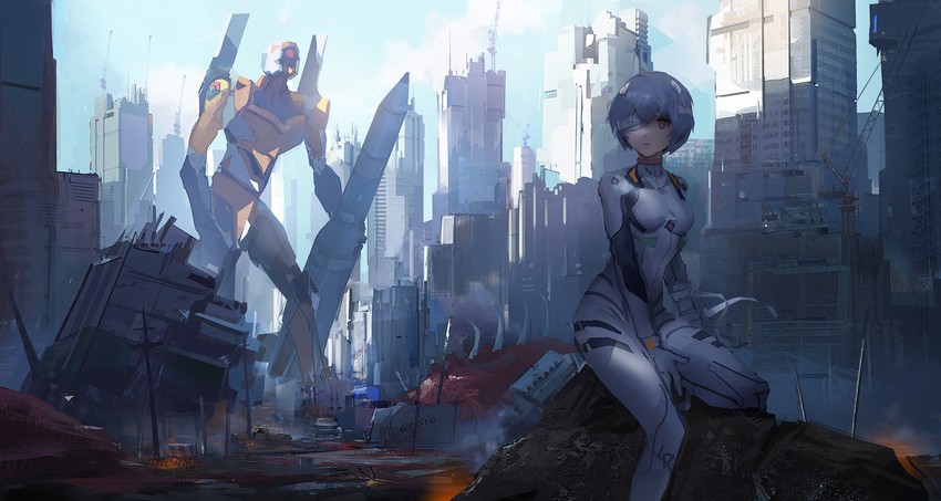 ayanami rei and eva 00 (neon genesis evangelion) drawn by qosic