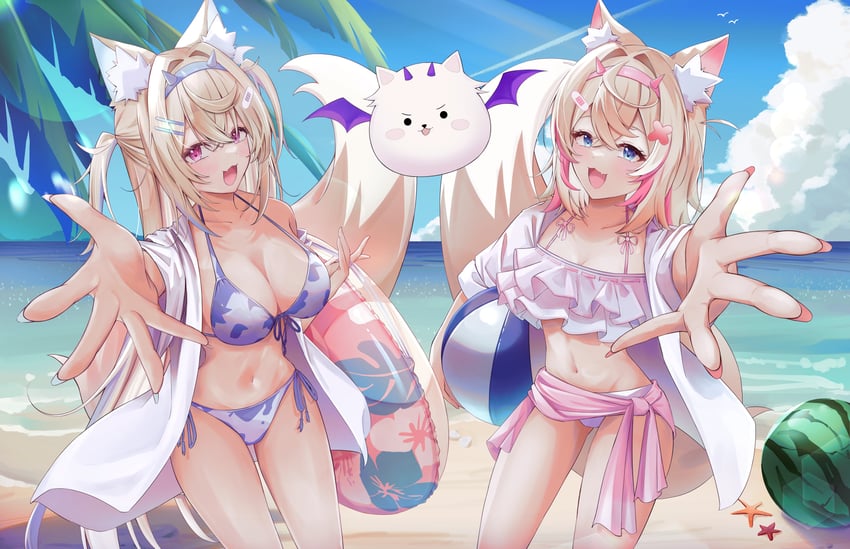 fuwawa abyssgard, mococo abyssgard, and perroccino (hololive and 1 more) drawn by aoba_takeru