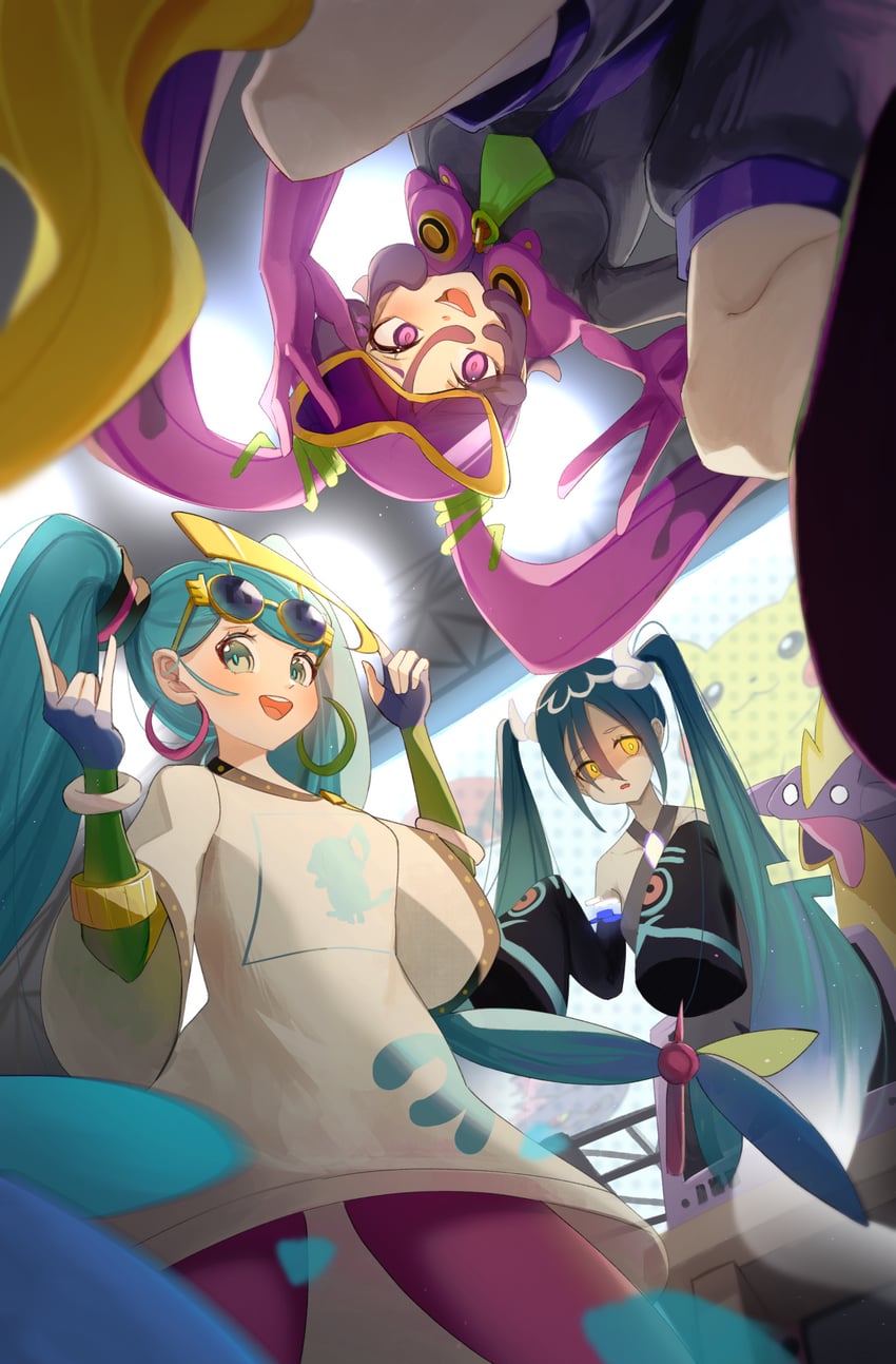 hatsune miku, pikachu, ghost miku, toxtricity, poison miku, and 1 more (pokemon and 2 more) drawn by remirii