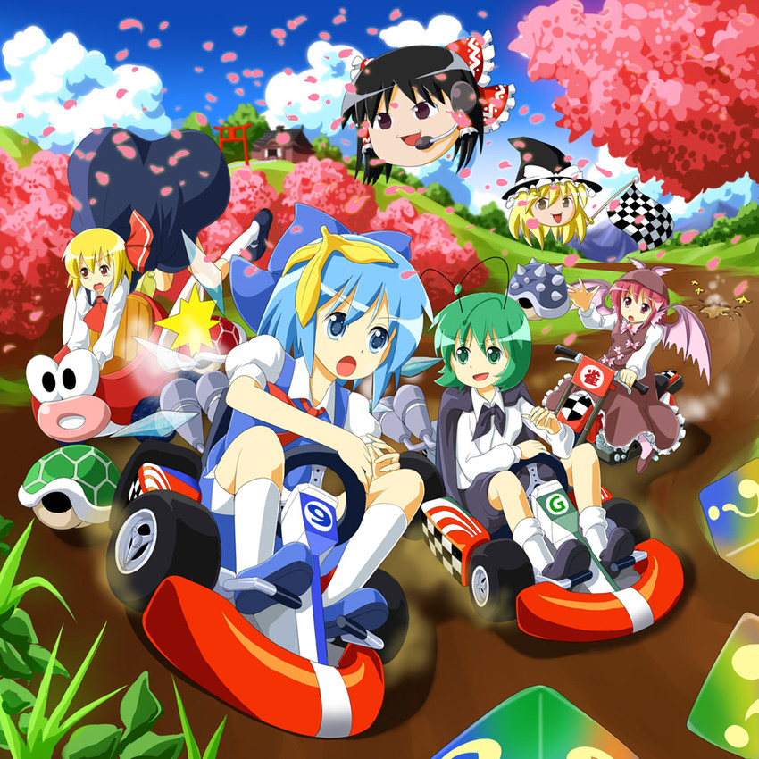hakurei reimu, kirisame marisa, cirno, rumia, mystia lorelei, and 1 more (touhou and 3 more) drawn by ruu_(tksymkw)