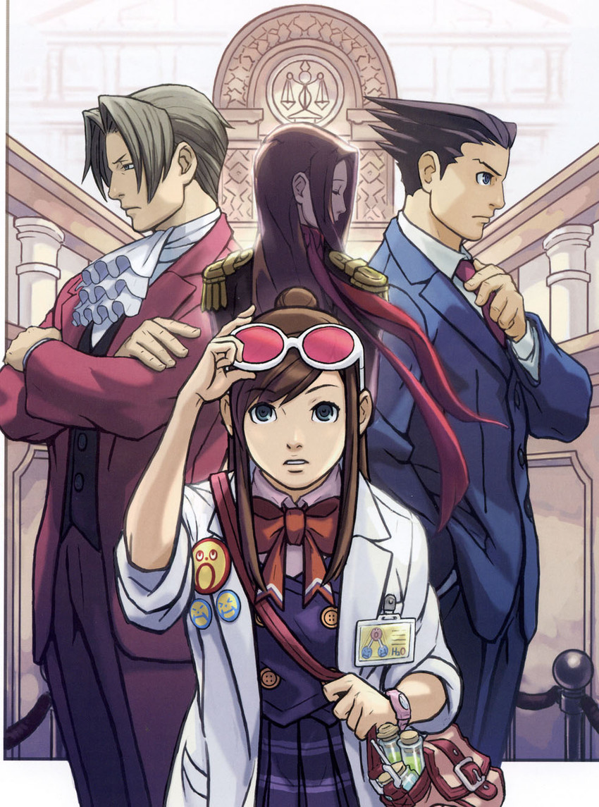 phoenix wright, miles edgeworth, ema skye, and lana skye (ace attorney and 1 more) drawn by nuri_kazuya