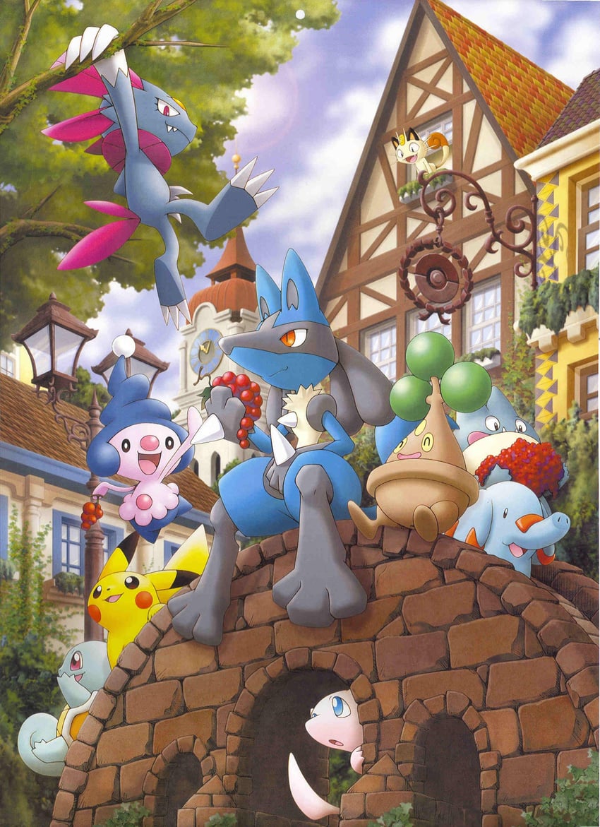 pikachu, lucario, squirtle, meowth, mew, and 5 more (pokemon) drawn by saitou_kouki