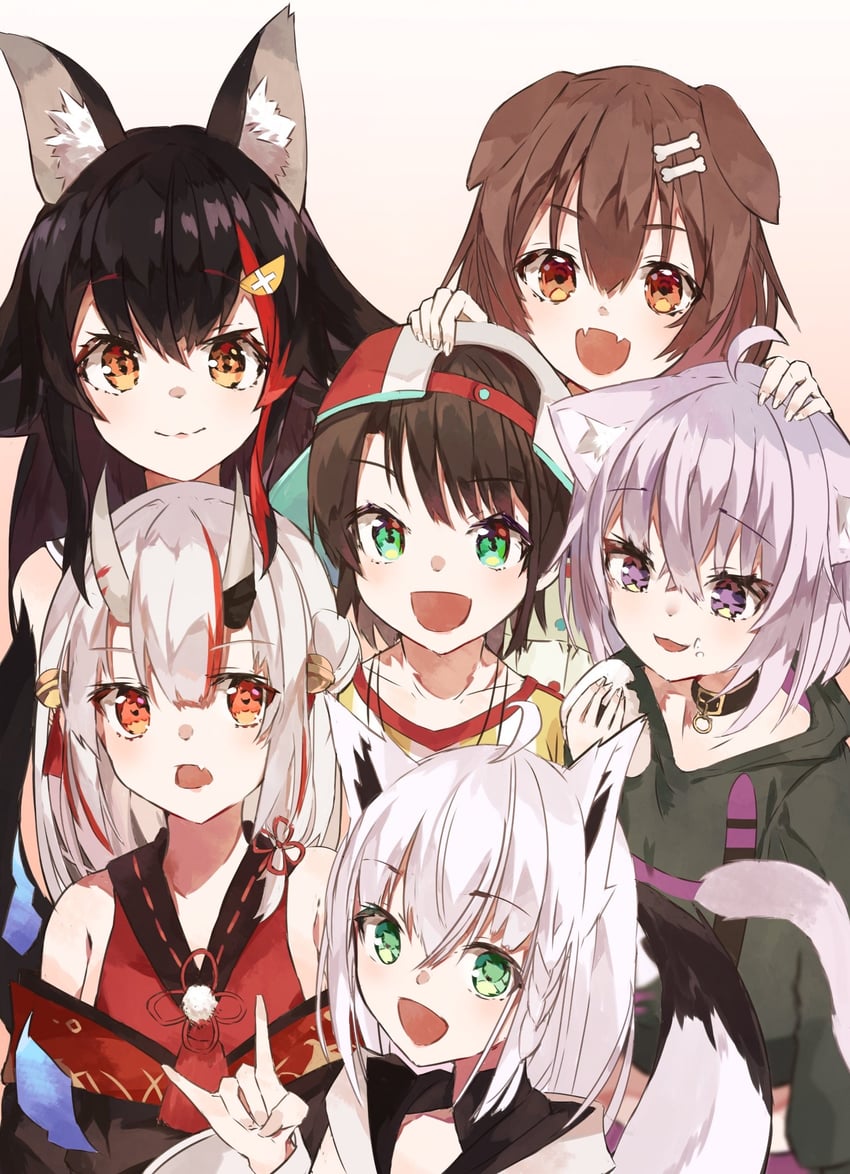 shirakami fubuki, nekomata okayu, ookami mio, oozora subaru, inugami korone, and 1 more (hololive) drawn by tamago_nezumi