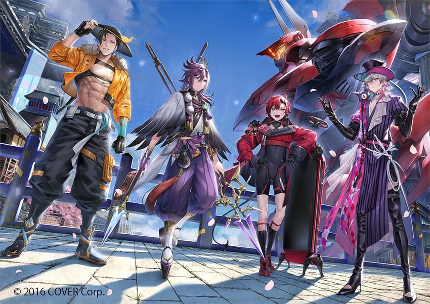gavis bettel, machina x flayon, banzoin hakka, josuiji shinri, phantom, and 1 more (holostars and 1 more) drawn by mugetsu2501