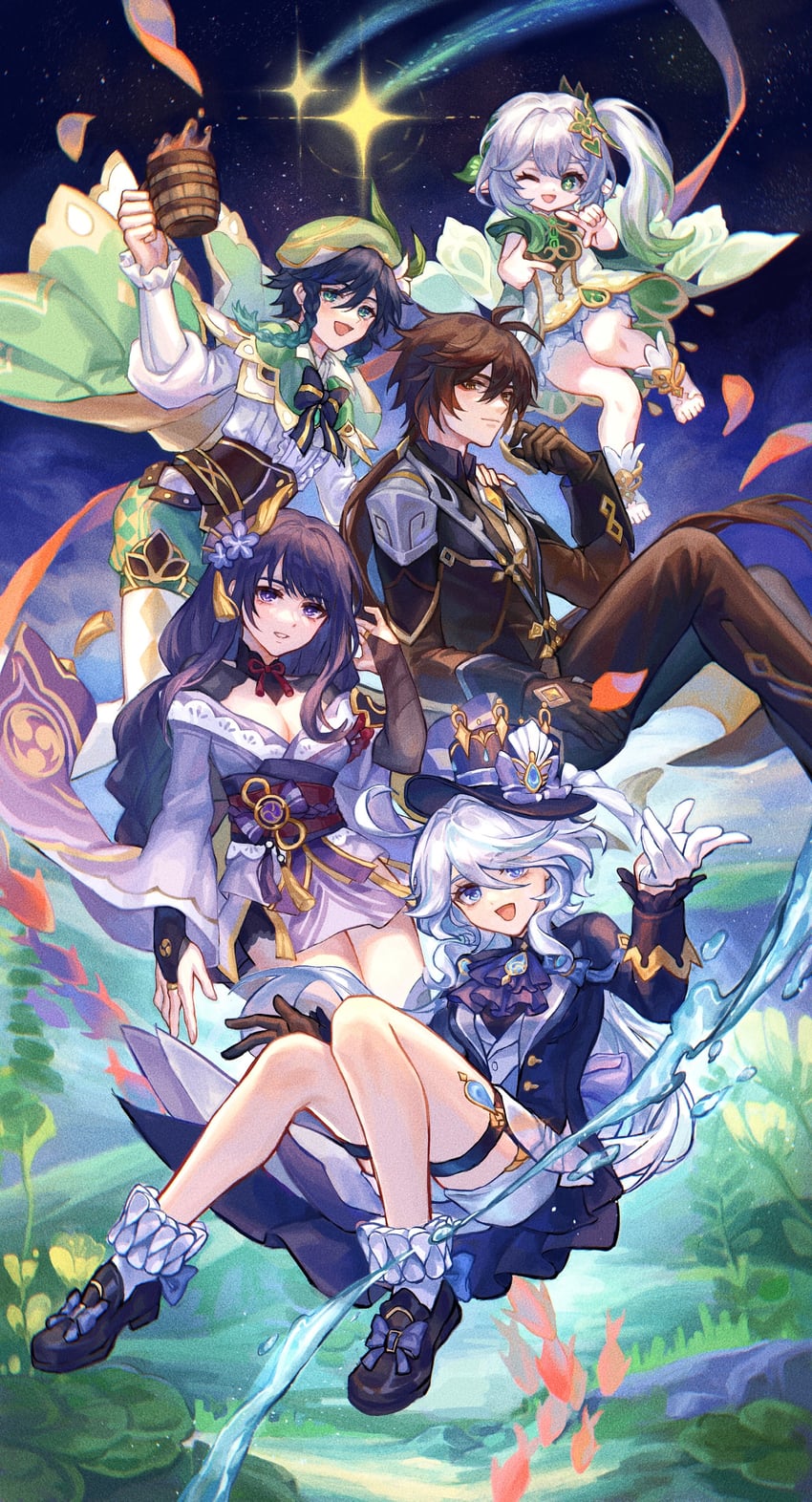 raiden shogun, furina, nahida, zhongli, and venti (genshin impact) drawn by guqinglan