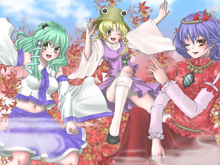 kochiya sanae, moriya suwako, and yasaka kanako (touhou) drawn by yuu_(hi_lite)