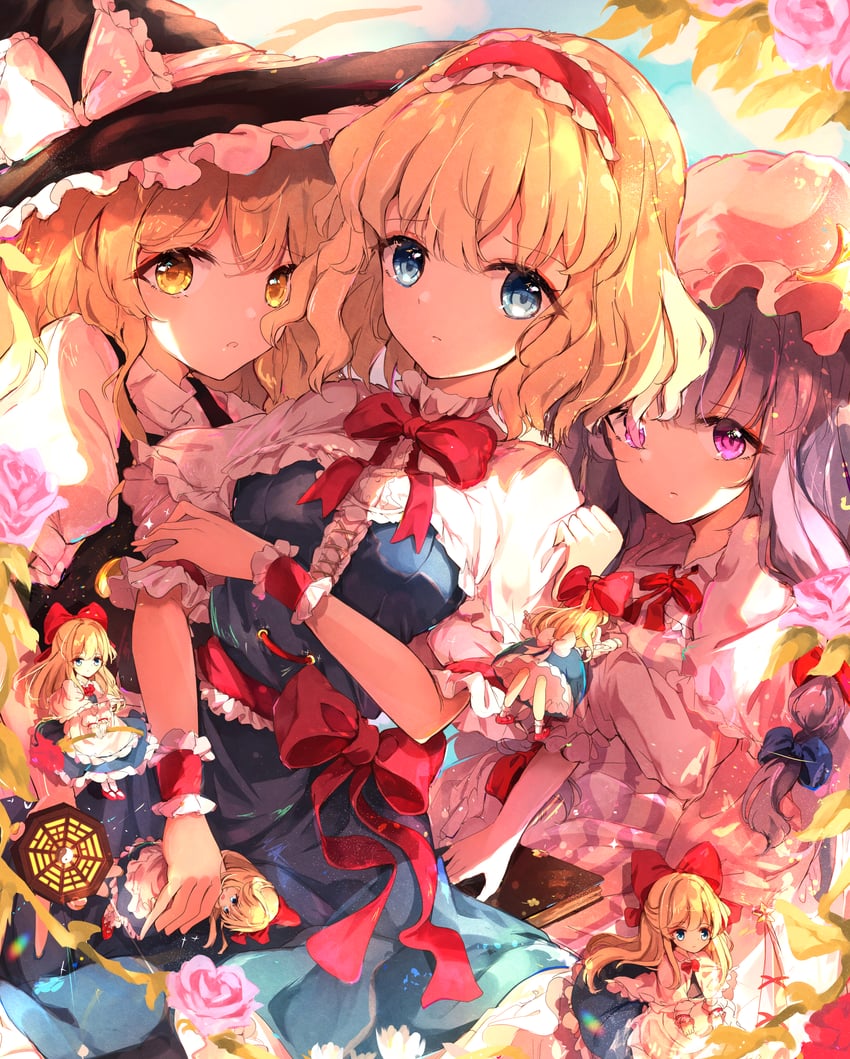 kirisame marisa, alice margatroid, patchouli knowledge, and shanghai doll (touhou) drawn by shangurira