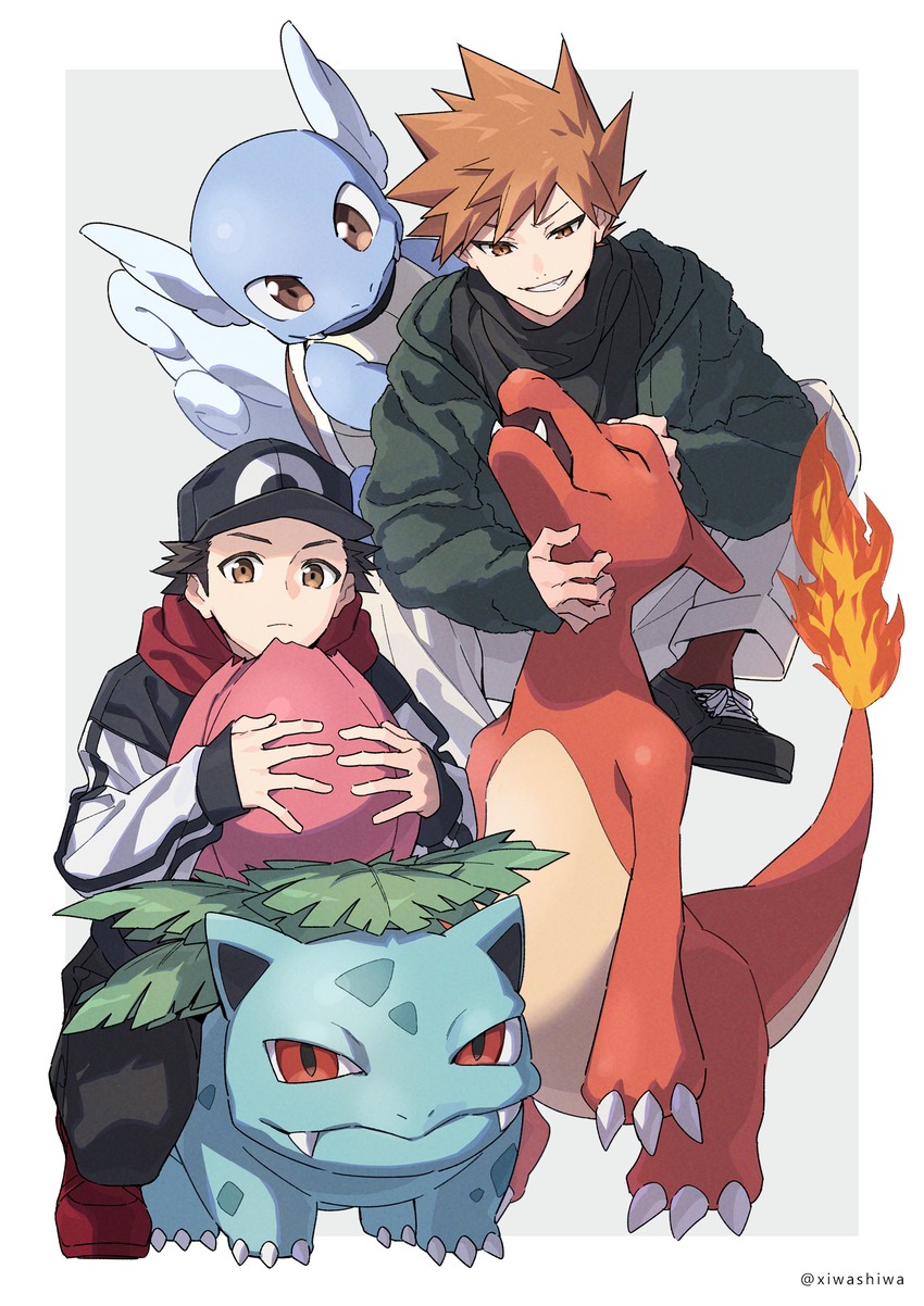 red, blue oak, ivysaur, charmeleon, and wartortle (pokemon and 2 more) drawn by xia_(ryugo)