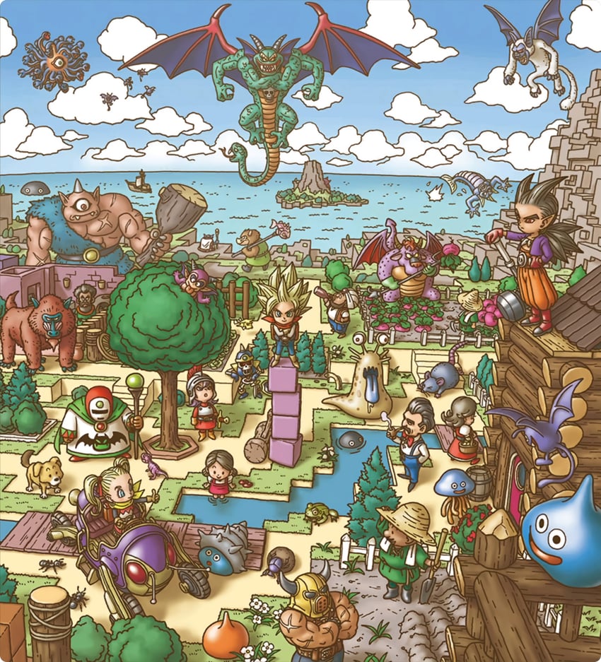 slime, female builder, healslime, male builder, dracky, and 26 more (dragon quest and 1 more) drawn by toriyama_akira