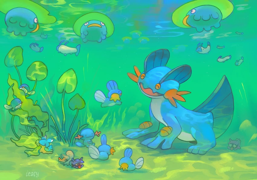 mudkip, wooper, swampert, poliwag, lotad, and 4 more (pokemon) drawn by ieafy