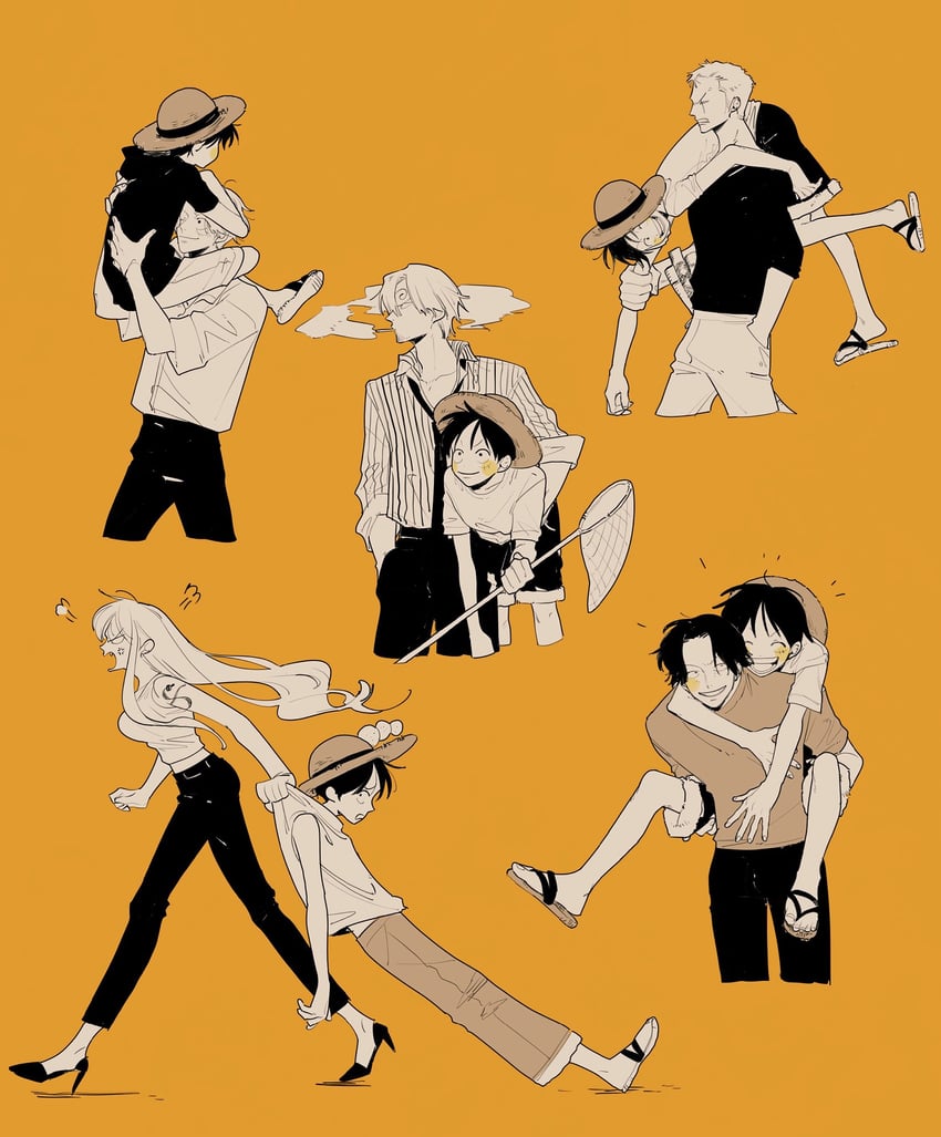 nami, monkey d. luffy, roronoa zoro, sanji, portgas d. ace, and 1 more (one piece) drawn by numata_(oioioioiai)