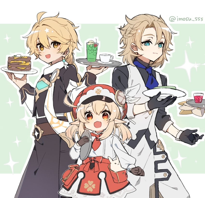 aether, klee, and albedo (genshin impact) drawn by imoko_(imo_ss)