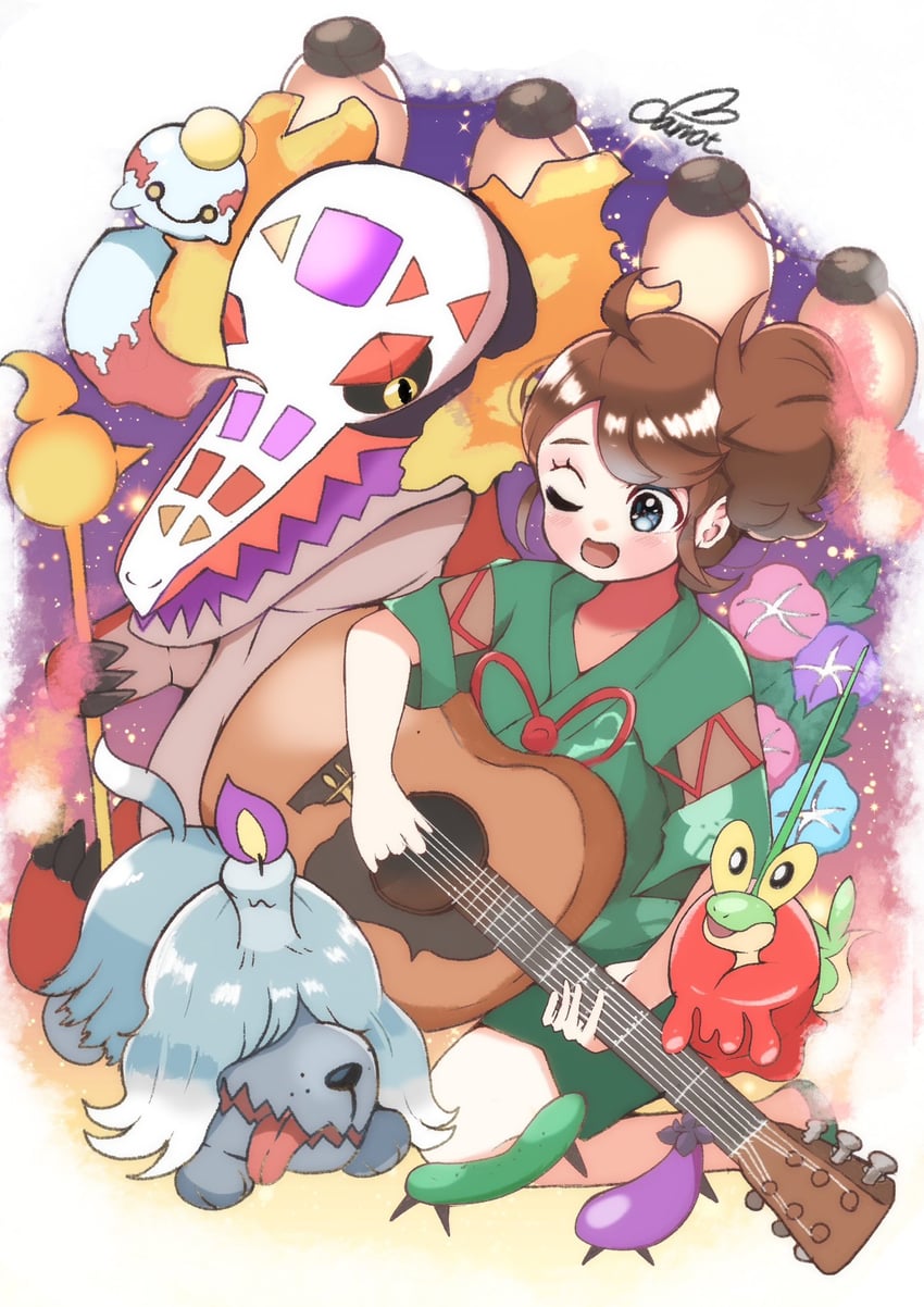 juliana, chimecho, dipplin, skeledirge, greavard, and 1 more (pokemon and 1 more) drawn by carrot_summer