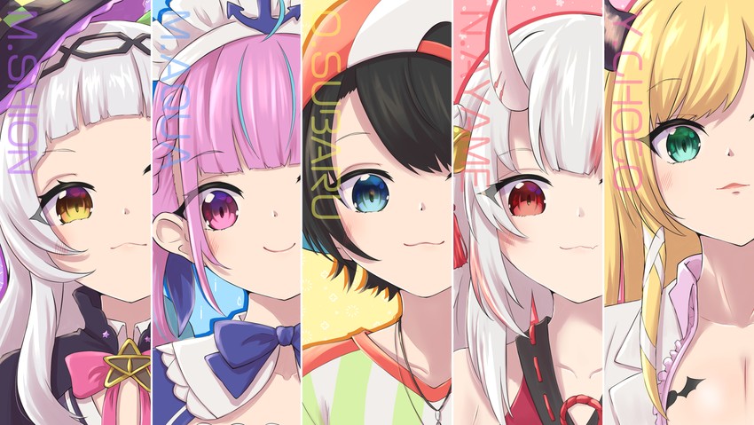 minato aqua, oozora subaru, murasaki shion, nakiri ayame, and yuzuki choco (hololive) drawn by hilamaru