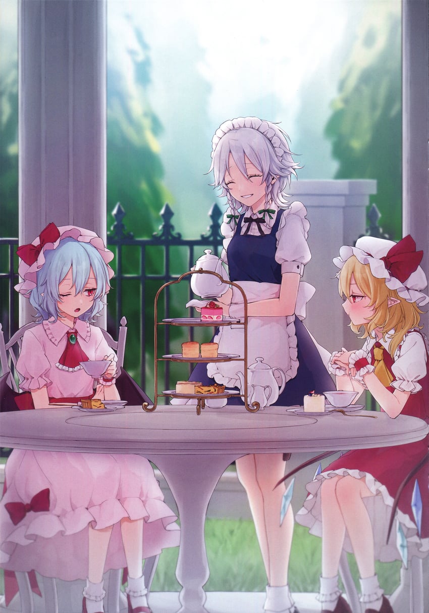remilia scarlet, flandre scarlet, and izayoi sakuya (touhou) drawn by hiwokawa
